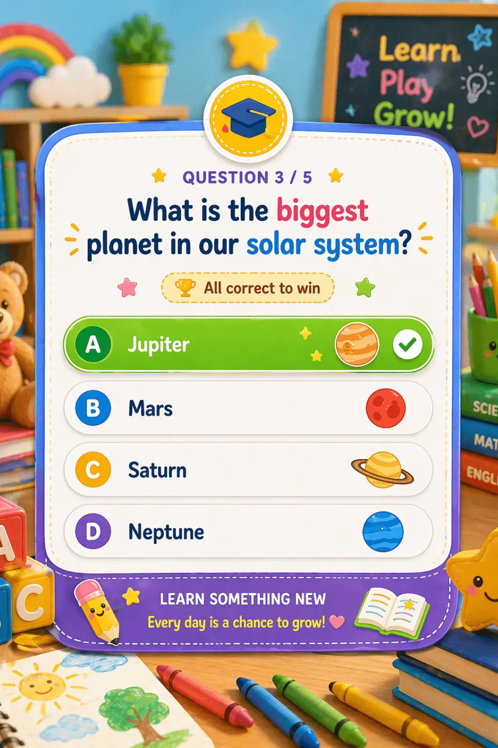 Knowledge quiz with progress and a reward