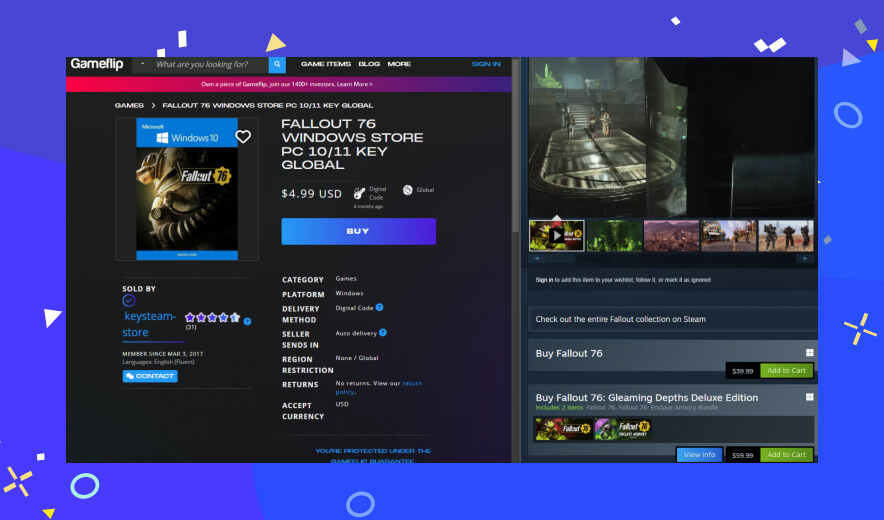 Fallout 76 price comparison on Steam and on a game reselling website