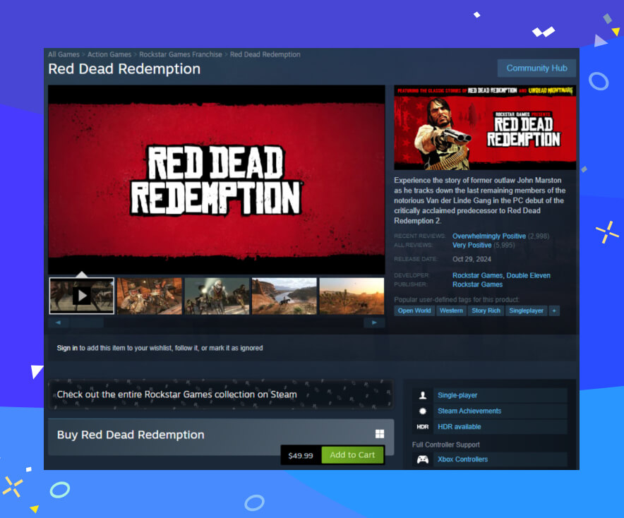 Red Dead Redemption page on Steam