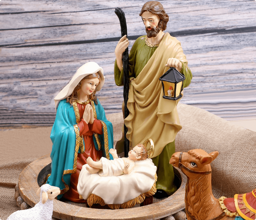 A display of figurines depicting the birth of Christ