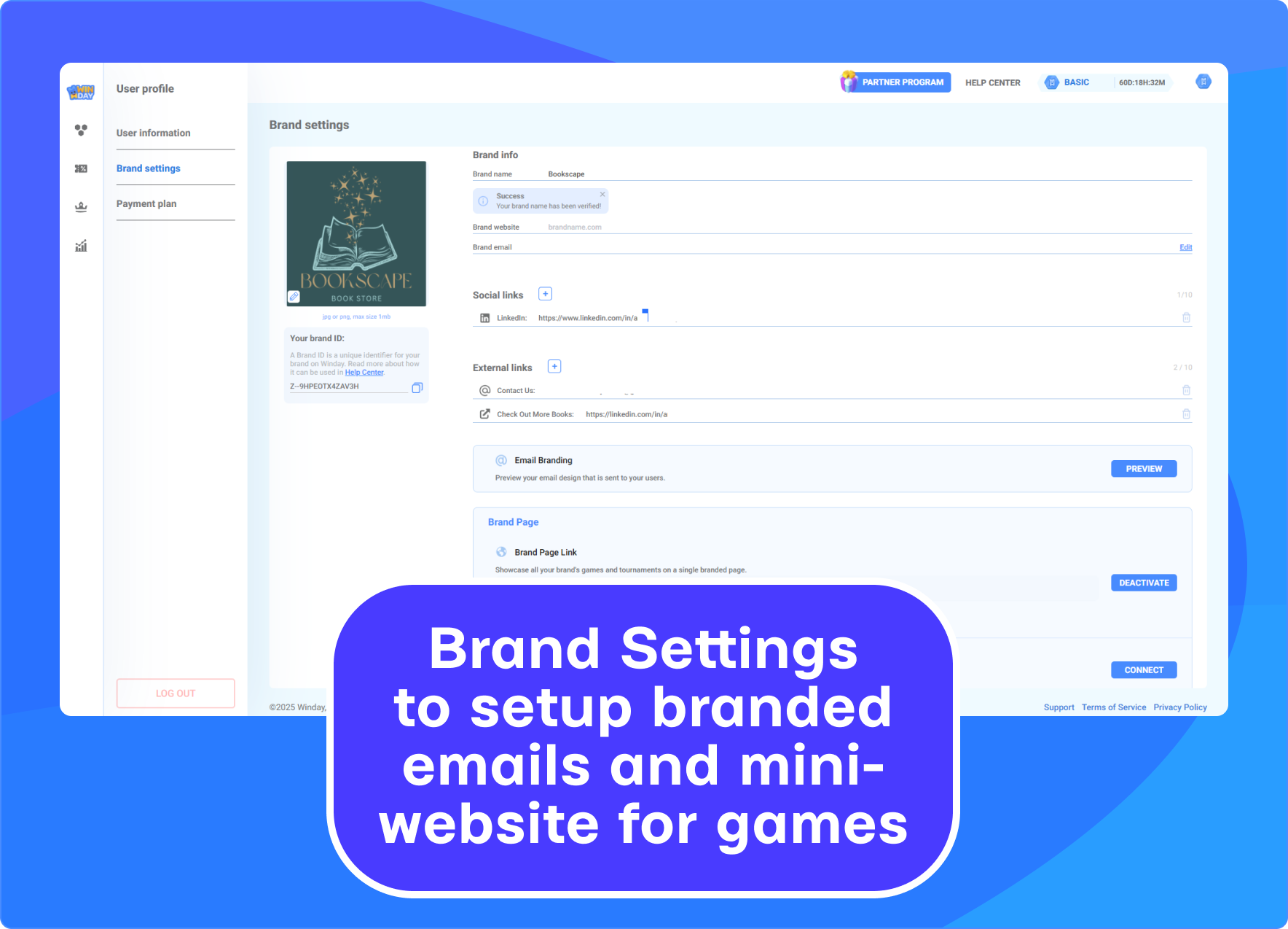 Brand Settings to setup branded emails and mini-website for games