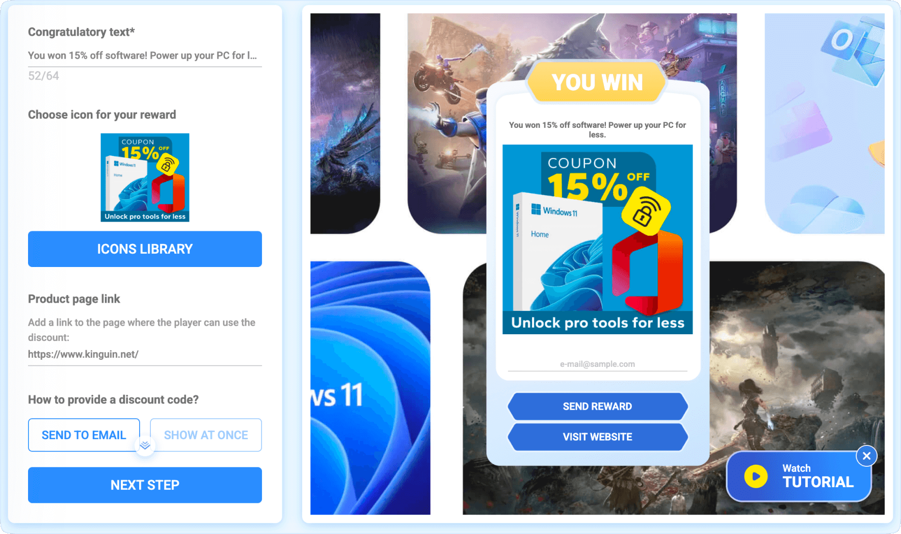 Game creation and rewards settings for Kinguin brand game on Winday platform