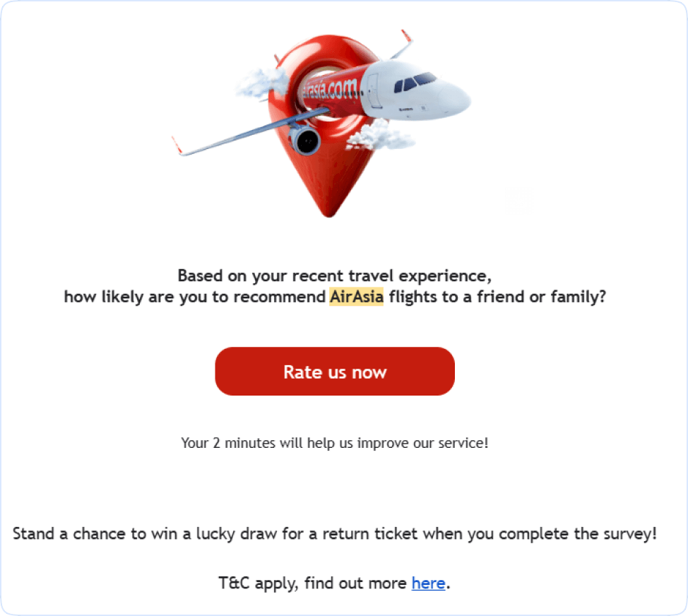 AirAsia email follow-up for collecting customer feedback about their recent flights