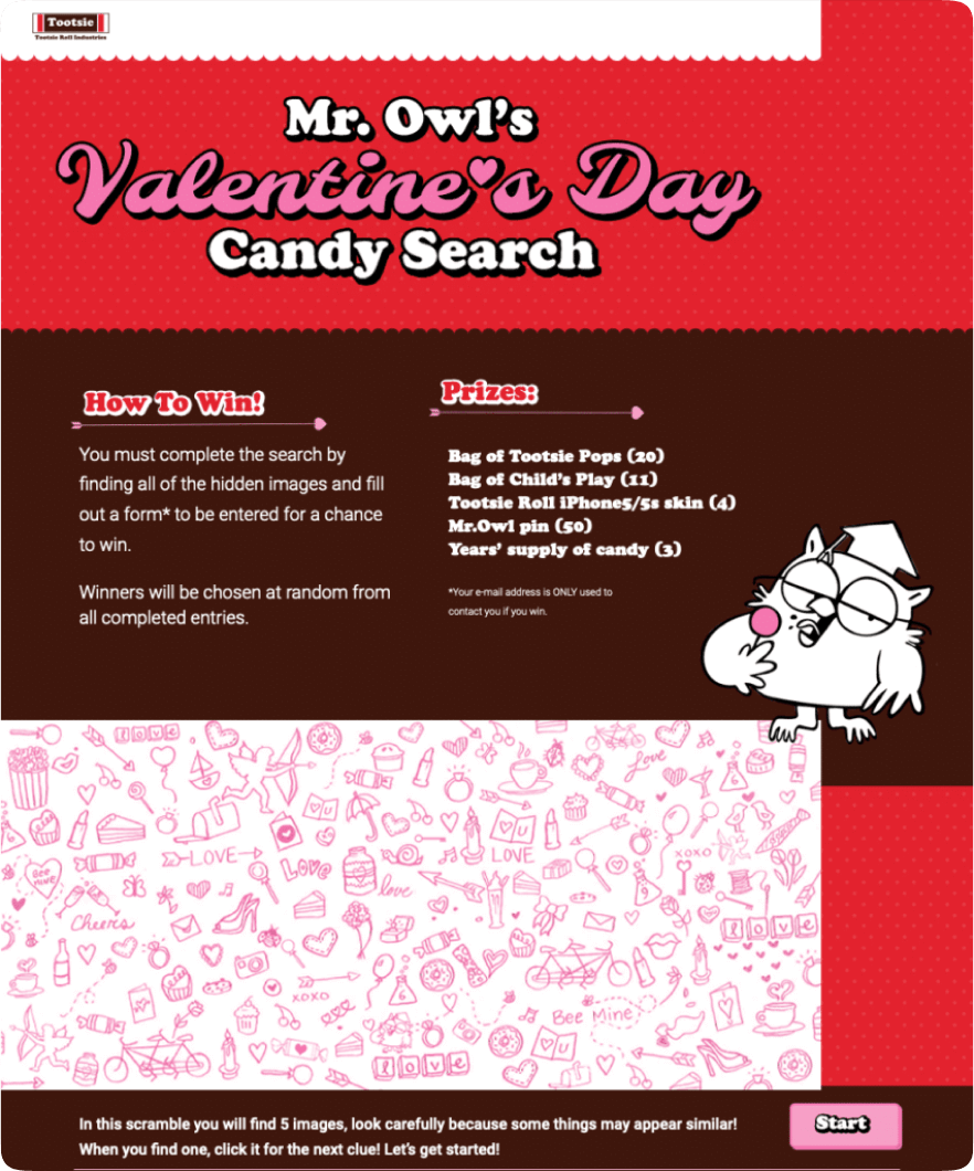 Mr. Owl’s Valentine’s Day Candy Search Hidden Objects Game by Tootsie