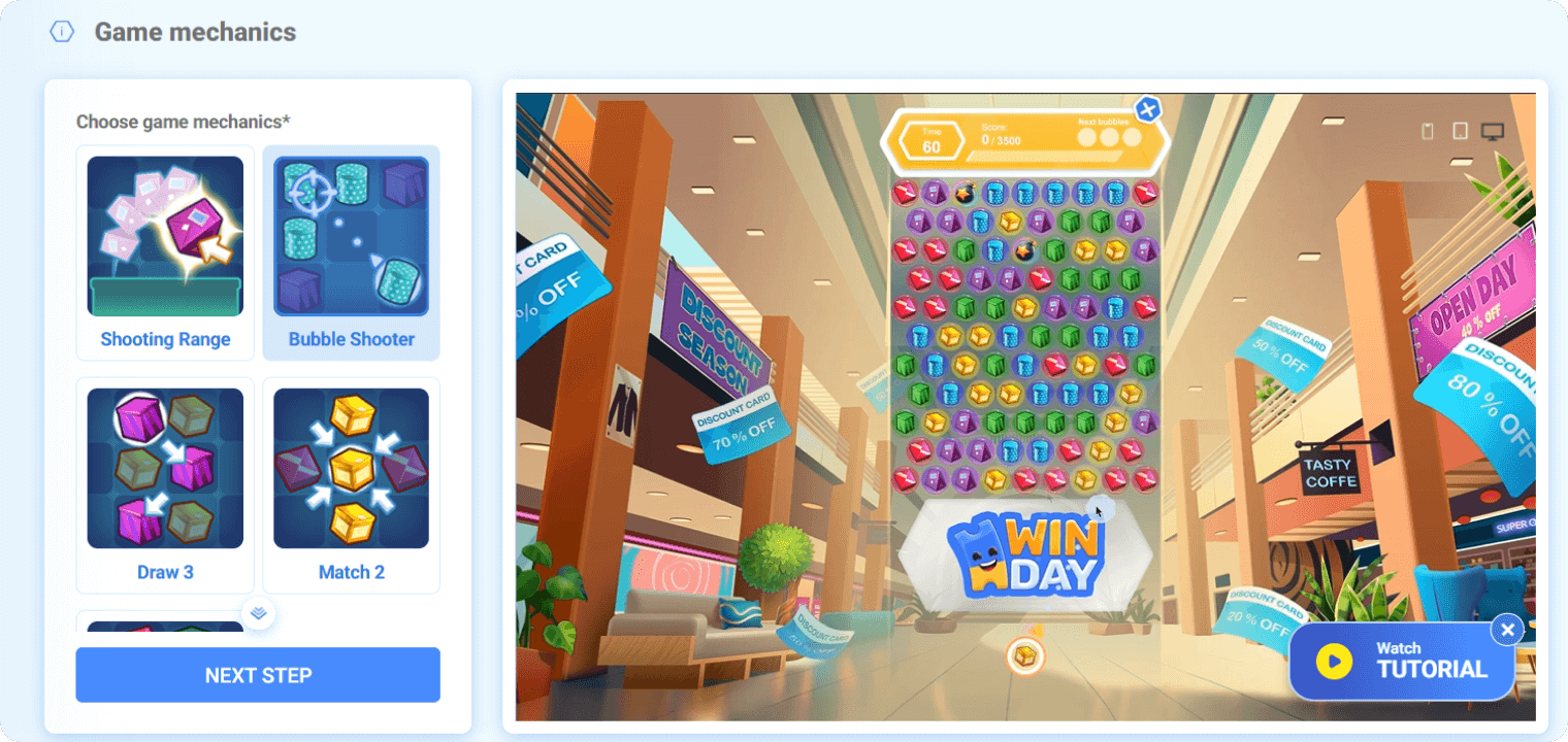 Game mechanics selection in the Winday Admin Panel
