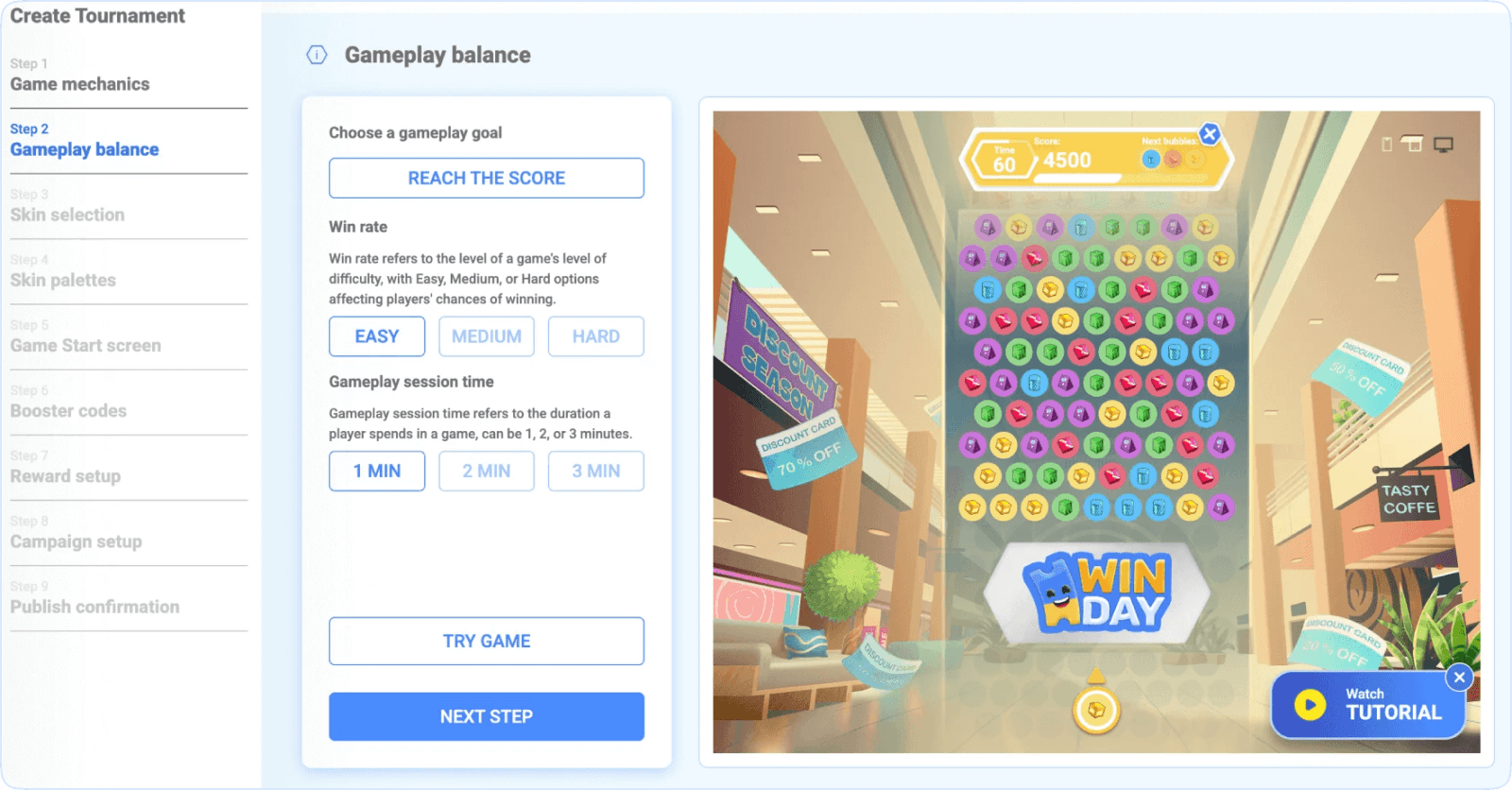 Marketing Branded Tournament Creation Dashboard on Winday
