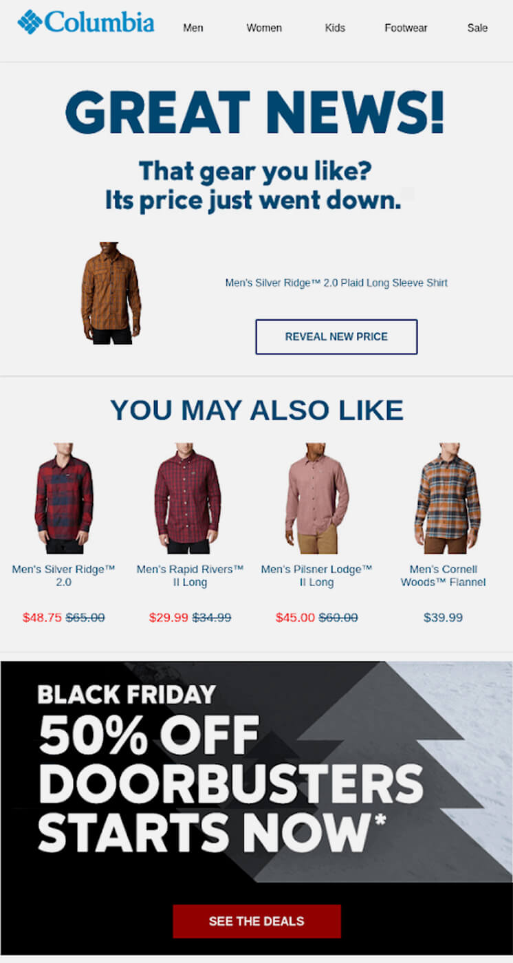 Columbia email with special discount for abandoned cart