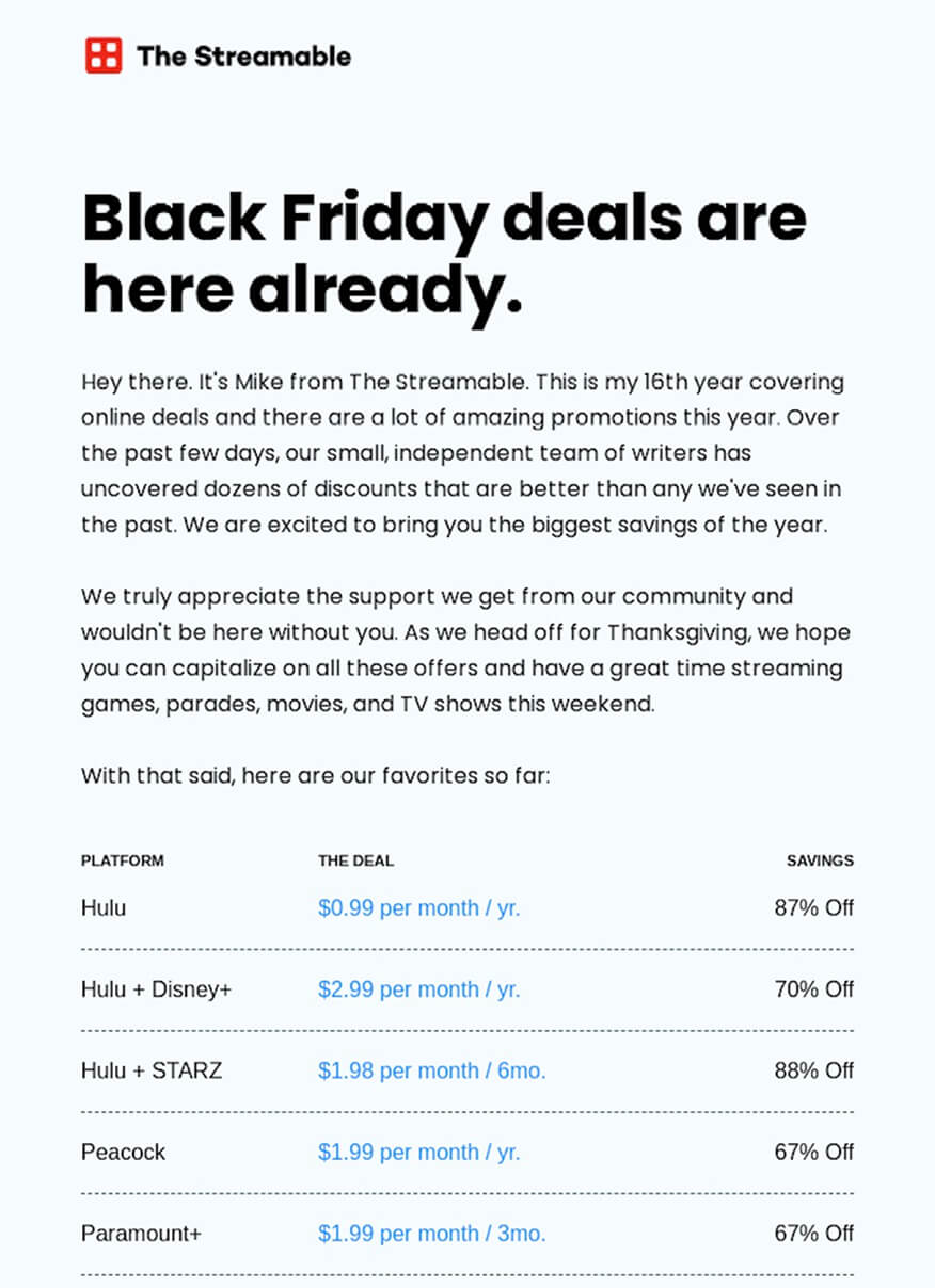 Black Friday Email Marketing Campaign by Streamable