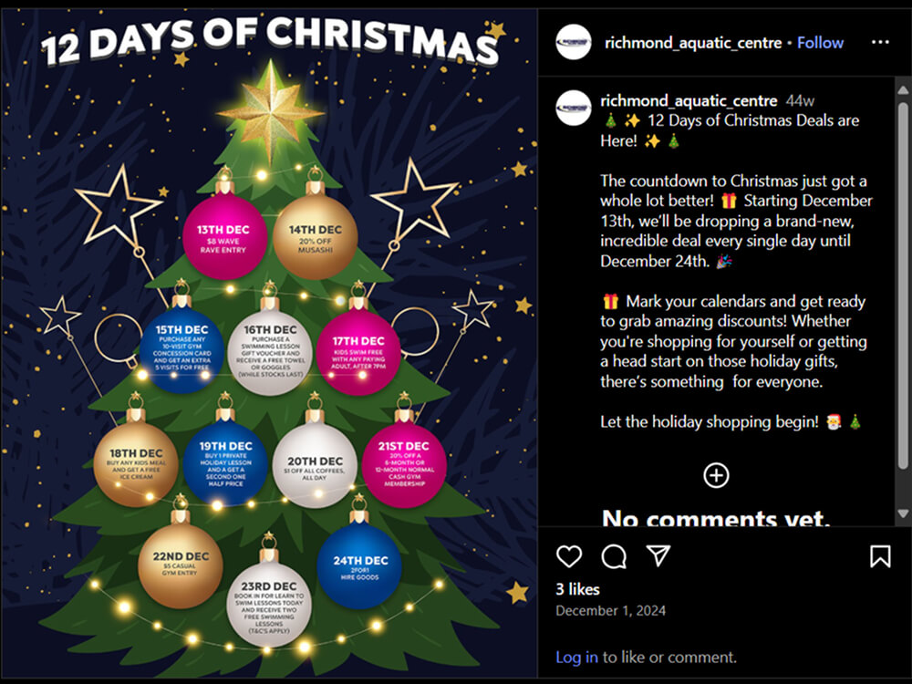 12 Day of Christmas Marketing Campaign Idea by Richmond Aquatics Centre