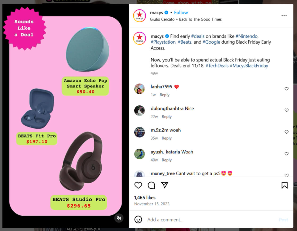 Instagram post from Macy’s: Black Friday deals on tech products